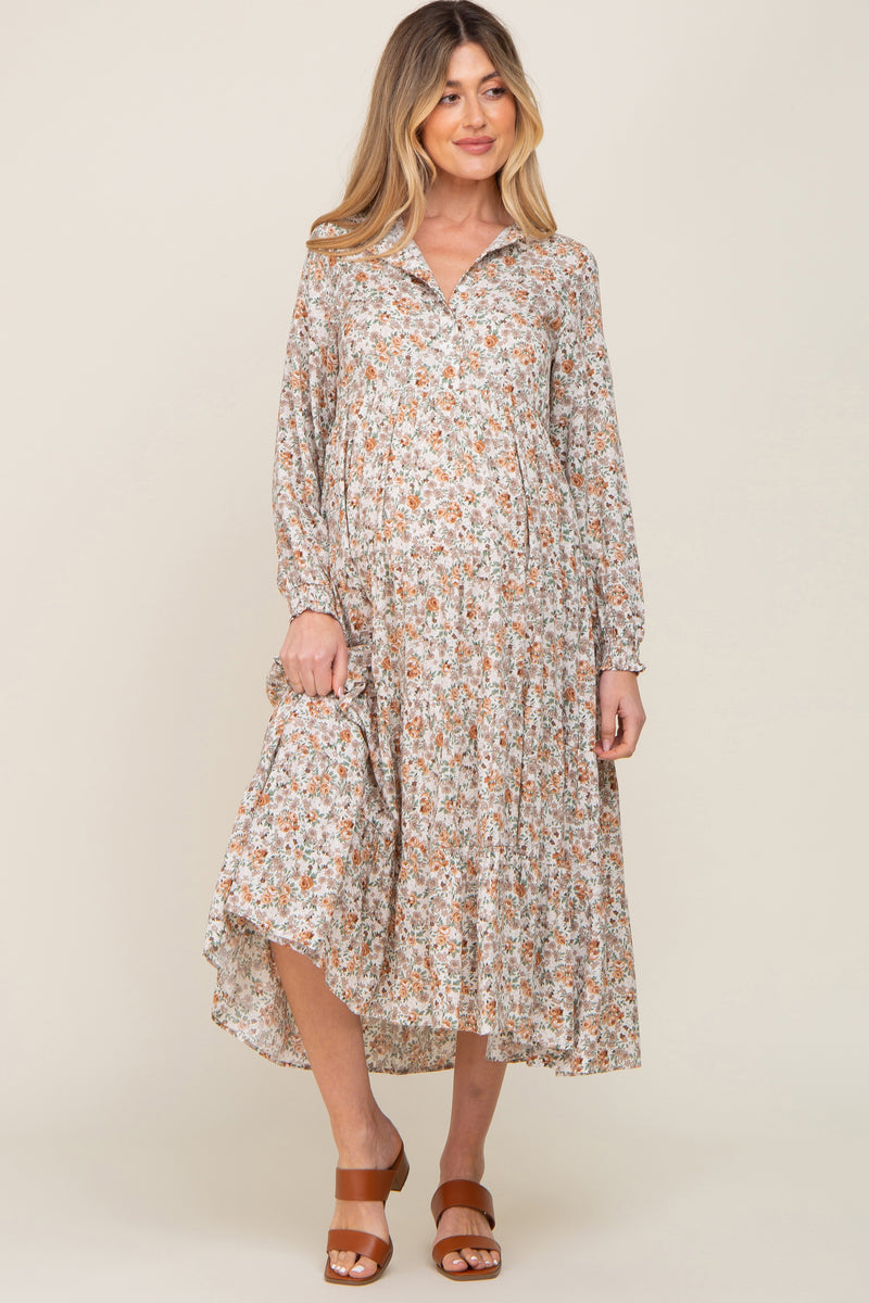 Beige Floral Button Front Long Sleeve Tiered Maternity Midi Dress ...