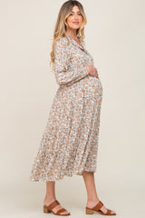 Beige Floral Button Front Long Sleeve Tiered Maternity Midi Dress