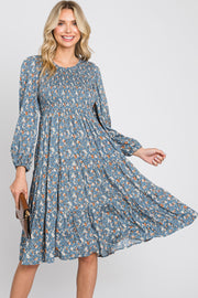 Blue Floral Smocked 3/4 Sleeve Tiered Midi Dress