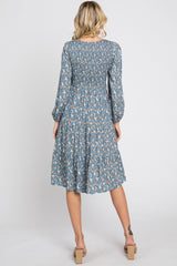 Blue Floral Smocked 3/4 Sleeve Tiered Midi Dress