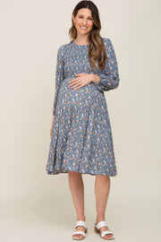 Blue Floral Smocked 3/4 Sleeve Tiered Maternity Midi Dress