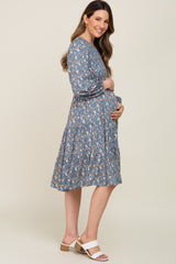 Blue Floral Smocked 3/4 Sleeve Tiered Maternity Midi Dress