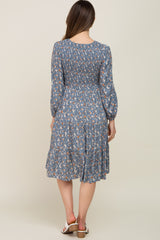 Blue Floral Smocked 3/4 Sleeve Tiered Maternity Midi Dress