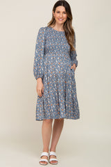 Blue Floral Smocked 3/4 Sleeve Tiered Maternity Midi Dress