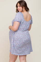 Blue Floral Short Puff Sleeve Maternity Dress