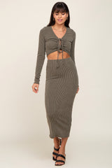 Olive Ribbed Front Cutout Two Piece Maternity Skirt Set