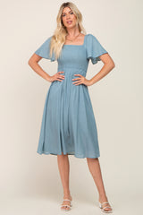 Light Blue Smocked Square Neck Flutter Short Sleeve Maternity Midi Dress