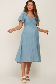 Light Blue Smocked Square Neck Flutter Short Sleeve Maternity Midi Dress