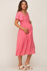 Coral Smocked Square Neck Flutter Short Sleeve Maternity Midi Dress