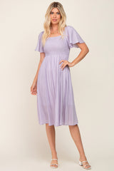 Lavender Smocked Square Neck Flutter Short Sleeve Maternity Midi Dress