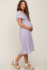 Lavender Smocked Square Neck Flutter Short Sleeve Maternity Midi Dress