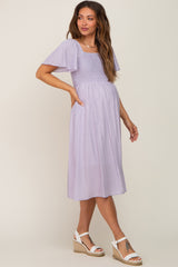 Lavender Smocked Square Neck Flutter Short Sleeve Maternity Midi Dress