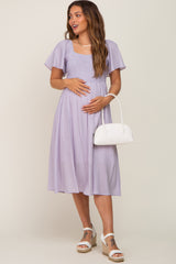 Lavender Smocked Square Neck Flutter Short Sleeve Maternity Midi Dress