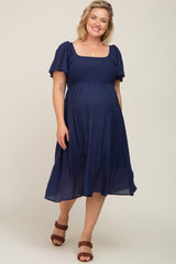 Navy Blue Smocked Square Neck Flutter Short Sleeve Maternity Plus Midi Dress