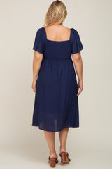 Navy Blue Smocked Square Neck Flutter Short Sleeve Maternity Plus Midi Dress