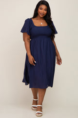 Navy Blue Smocked Square Neck Flutter Short Sleeve Plus Midi Dress