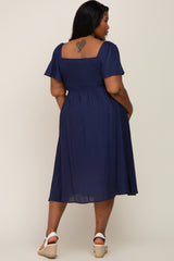 Navy Blue Smocked Square Neck Flutter Short Sleeve Plus Midi Dress