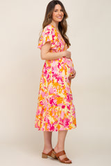 Yellow Print Smocked V-Neck Maternity Midi Dress