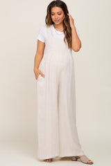 Beige Ruffle Trim Back Tie Maternity Jumpsuit