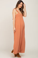 Rust Ruffle Trim Back Tie Maternity Jumpsuit