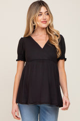 Black Puff Sleeve Crossover Maternity/Nursing Top