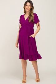 Purple Cinched Sleeve Maternity Midi Dress