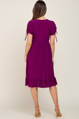 Purple Cinched Sleeve Maternity Midi Dress