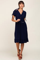 Navy Cinched Sleeve Midi Dress