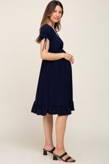 Navy Cinched Sleeve Maternity Midi Dress