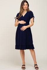 Navy Cinched Sleeve Maternity Midi Dress