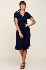 Navy Cinched Sleeve Maternity Midi Dress