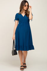 Deep Teal Cinched Sleeve Maternity Midi Dress