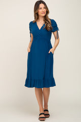 Deep Teal Cinched Sleeve Maternity Midi Dress