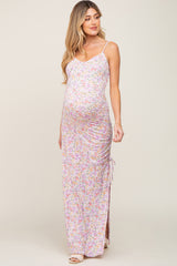 Lavender Floral Side Slit Ruched Maternity Maxi Dress