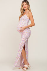 Lavender Floral Side Slit Ruched Maternity Maxi Dress