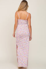 Lavender Floral Side Slit Ruched Maternity Maxi Dress