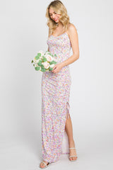 Lavender Floral Side Slit Ruched Maxi Dress