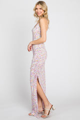 Lavender Floral Side Slit Ruched Maxi Dress