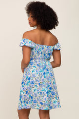 Blue Floral Ruffle Off Shoulder Dress