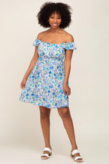 Blue Floral Ruffle Off Shoulder Maternity Dress