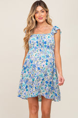 Blue Floral Ruffle Off Shoulder Maternity Dress