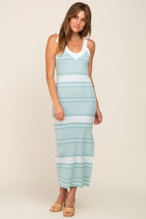 Mint Green Striped Ribbed Sleeveless Knit Dress