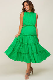 Green Tiered Ruffle Cutout Maternity Midi Dress