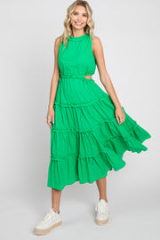 Green Tiered Ruffle Cutout Midi Dress