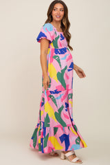 Pink Abstract Print Puff Sleeve Maternity Maxi Dress