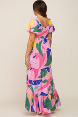 Pink Abstract Print Puff Sleeve Maternity Maxi Dress