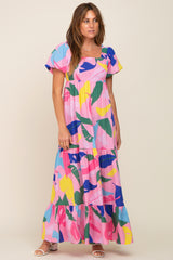 Pink Abstract Print Puff Sleeve Maxi Dress