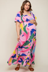 Pink Abstract Print Puff Sleeve Maternity Plus Maxi Dress