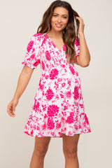 Fuchsia Floral Smocked Puff Sleeve Maternity Dress