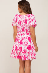 Fuchsia Floral Smocked Puff Sleeve Maternity Dress